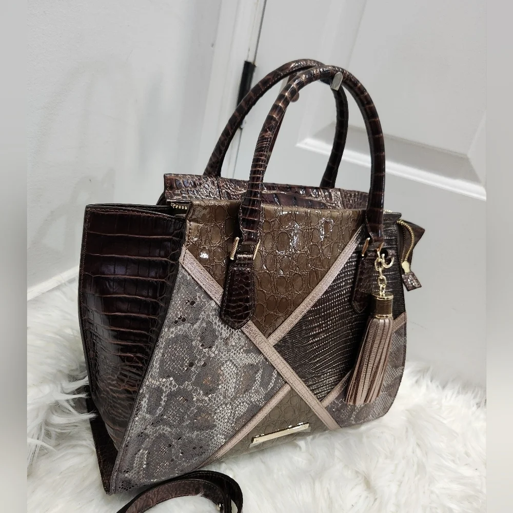 🔹️BRAHMIN🔹️RARE TAUPE Tempera PRISCILLA Satchel Croc Python Patchwork Leather - Picture 4 of 17